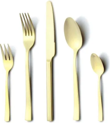 Obrázok produktu pre Sada príborov Unyqoos® – 30 kusov, farba champagne gold matná, vyrobená z nehrdzavejúcej oceli, pre 6 osôb – pozostáva z nožov, vidličiek a lyžíc, vhodná do umývačky riadu