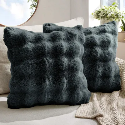 Produktbild von Set mit 2 Plüschkissenbezügen, 60 x 60 cm, weiche Sofakissenbezüge aus doppelseitiger Kurzwolle,  quadratische Dekokissenbezüge für Sofa und Schlafzimmer, waschbar, dunkelgrau