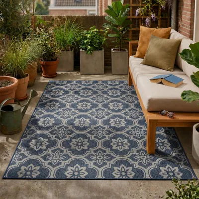 Produktbild von Volero - Outdoor Teppich - Rio Flower Dunkelblau - 230x330cm - Balkon, Garten, Terrasse, Wintergarten - Boho