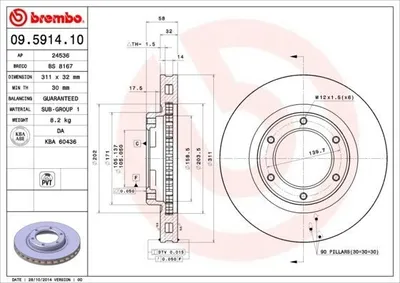 Produktbild von 2x BREMBO 09.5914.10 Bremsscheibe Vorderachse