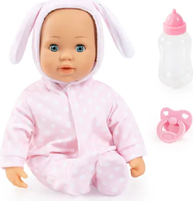 Produktbild von Bayer Design 93822AA Babypuppe Anna, spricht 24 Babylaute, weicher Körper, Schlafaugen, Schnuller, Flasche, 38 cm