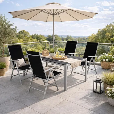 5tlg Gartenmöbel Set Alu Polywood 150x90x74cm + 4 Klappstühle Silber/Schwarz