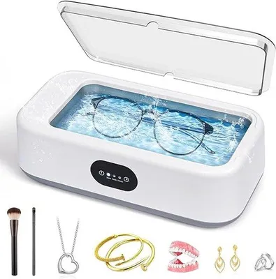 Image de Nettoyeur à ultrasons pour bijoux, nettoyeur à ultrasons pour lunettes, 49 000 Hz, avec 3 modes de temporisation, nettoyage à 360° pour bijoux, lunettes, bagues et montres