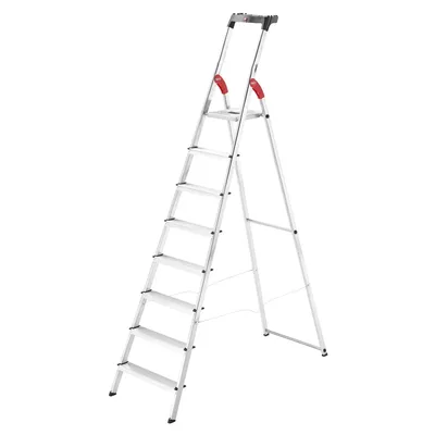 Produktbild von Hailo L60 StandardLine Alu-Sicherheits-Stehleiter - Leiter 8 Stufen belastbar bis 150 kg - stabile Holmführung - Stehleiter mit Ablage - klappbare Aluleiter  Germany - Leiter rostfrei - Silber