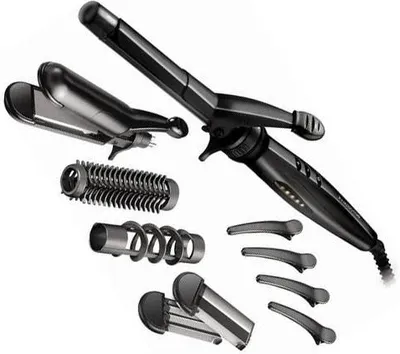 A collection of hair styling tools and attachments arranged on a white background.