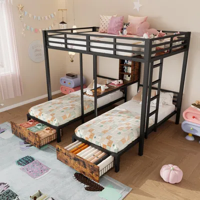 A bedroom scene with a black metal bunk bed with two lower beds and one upper bed, featuring built-in storage drawers and a desk area. The beds are made with patterned bedding and pillows. The room is decorated with colorful banners and a rug with cactus p