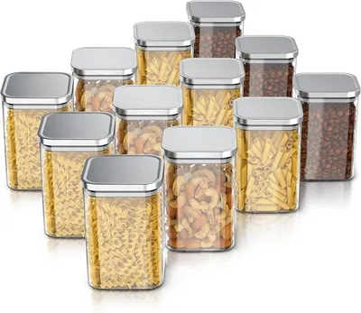 Imagen del producto de - Frascos de vidrio de 1200 ml con tapa de acero inoxidable - Juego de 12 unidades - Recipientes de vidrio, resistentes al calor - Contenedores/recipientes para almacenamiento con tapa de acero inoxidable, herméticos, ideales para cereales, azúcar, harina, café