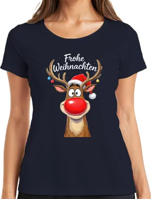 Produktbild von Frohe Weihnachten Rentier Rudolph rote Nase Weihnachtsmütze süß Damen T-Shirt, Navy, L
