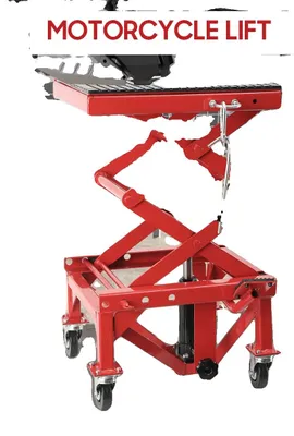 Imagen del producto de Elevador para motocicletas, altura máxima de 905 mm, altura mínima de 350 mm, capacidad de carga de 350 lbs, construcción robusta de acero, 2 ruedas con cierre