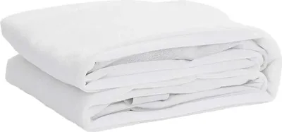 A folded white mattress protector is shown on a white background.