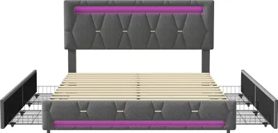 Produktbild von CDGlobal Polsterbett mit  LED und höhenverstellbarem Kopfteil, Doppelbett Stauraumbett Jugendbett mit 4 Schublade, Leinen, 140x200cm