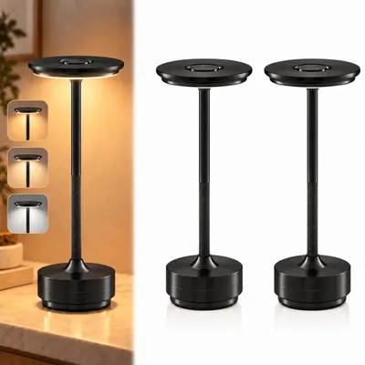 Produktbild von 2er Set Kabellose Dimmbare LED Akku Tischleuchten, Touch Tischlampen, 3 Lichtfarben, Nachttischlampen für Wohnzimmer Schlafzimmer, Schwarz