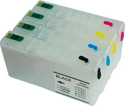 A set of four refillable ink cartridges for an inkjet printer.
