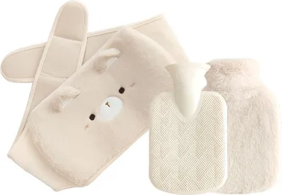 Produktbild von 1L Wärmflasche mit Gürtel, Naturkautschuk Auslaufsicher, Abnehmbarer Bezug, für Nacken Schultern Rücken Beine Taille, Beige