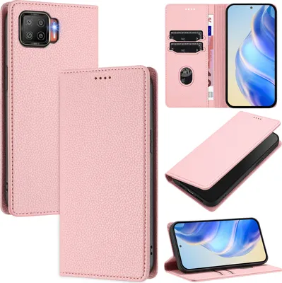 Produktbild von Litchi Leder Handyhülle für Oppo F17/A73 4G Wallet Kartenfächer Standfunktion Hülle Pink