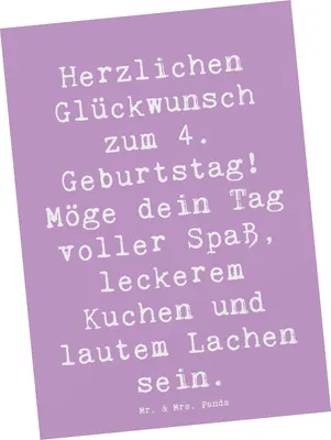 Produktbild von Mr. & Mrs. Panda Postkarte Spruch 4. Geburtstag - Lavendeltraum - Geschenk, Ansichtskarte, feiern, bildkarte, Happy Birthday, Meilenstein, Postkarten, Alter 4, Fotokarte