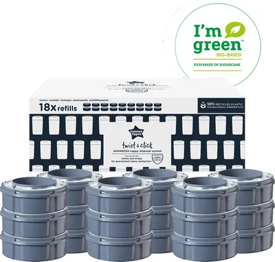 Produktbild von Tommee Tippee Twist and Click Advanced Windeleimer Nachfüllkassetten, Nachhaltig gewonnener antibakterieller Greenfilm™, 18er-Set, FFP