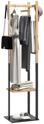 Immagine prodotto di Appendiabiti da Terra 2 Ganci e 2 Ripiani 46x28,5x153,5 cm Legno e Nero
