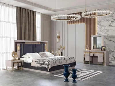 Produktbild von Schlafzimmer Set Designer Hochwertig Bett 2x Nachttische Schminktisch Hochwertig