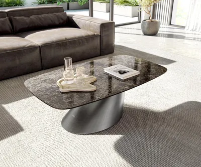 Produktbild von DELIFE Couchtisch Edge Boot 120x70 cm Keramik Emperador Extra Lucidato Dunkelbraun Conis Metallic Silber