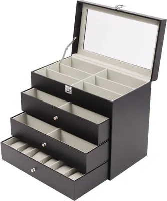 Image de boîte à lunettes de soleil à 4 étages Porte-bijoux Boîte à montres, Noir Boîte de rangement