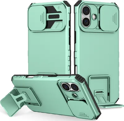 Image de Coque pour iPhone 16 Plus Double couche robuste, protection militaire avec support et protecteur d'appareil photo coulissant Vert clair