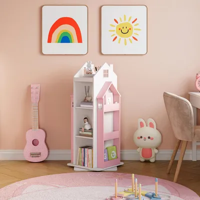 Produktbild von Drehbares Kinderregal 'Vipsali' in Hausdesign 108 x 40 x 40 cm Rosa / Weiß