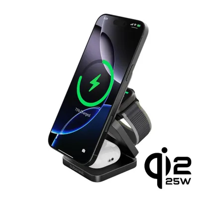 Zdjęcie produktu dla Magnetyczna ładowarka bezprzewodowa Cubenest Qi2 3w1 SQ312 Fold Pro czarna – kompatybilna z Magsafe