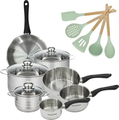 Image de Batterie de cuisine avec 3 faitouts 16/20/24 cm et 3 casseroles 12/16/20 cm avec 1 poêle et 5 ustensiles de cuisine Fackelmann Généva Brillant Ocean