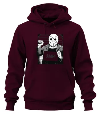 Productafbeelding van Horrorhockeymasker uit de jaren 80, slasher-stijl, politiefoto, retro, vintage hoodie, sweater met capuchon, bordeauxrood, maat XL