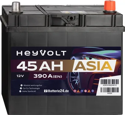 A black car battery with a colorful label showing brand and specifications.