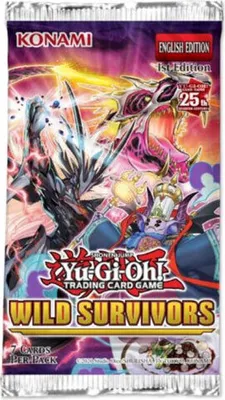 A booster pack for the Yu-Gi-Oh! Trading Card Game, featuring artwork of monsters and the set name 'Wild Survivors'.