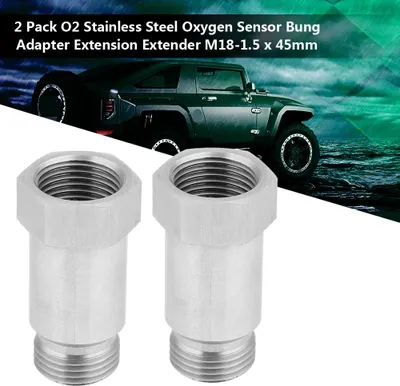 Two silver metal oxygen sensor bung adapters are shown in the foreground, with a dark green off-road vehicle in the background.