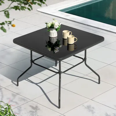 Produktbild von Outdoor Esstisch mit Schirmloch und Tischplatte aus gehärtetem Glas, Schwarz