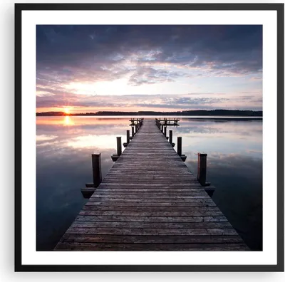 Produktbild von Gerahmtes Poster - Schwarzer Rahmen - Fußgängerbrücke See Sonnenuntergang Abend - 60x60 cm - Wand Bild - Wanddeko - Wandbilder - Wandposter - Bilderrahmen - Bilder - Kunstdruck - P2BAC60x60-2635