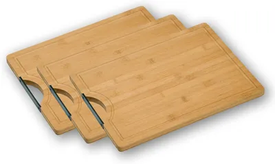 Produktbild von Kesper 58134 -- 3er Set Schneidebrett aus Bambus mit Metallgriff in schwarz 38 x 28 x 1,6 cm