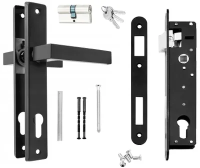 Produktbild von QRS - Türgriff und Schloss für Gartentor, Türklinken Komplett Set Schwarz Matt RAL 9005 Drückergarnitur, Gartentor Schloss, aus Stahl Rostfrei