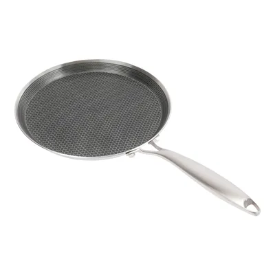 A stainless steel frying pan with a honeycomb non-stick surface and a silver handle, isolated on a white background.