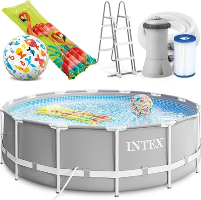 Produktbild von INTEX 427x107 cm Prism Metal Frame Swimming Pool Schwimmbecken Komplett-Set mit Filterpumpe, Unterlegplane, Abdeckplane und Leiter sowie Extra-Zubehör wie: Luftmatratze und Strandball
