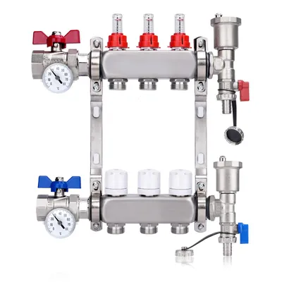 Produktbild von 3 Heizkreise Heizkreisverteiler inkl. 1" Kugelhähne mit Thermometer Entlüfter Flussmesser Durchflussmesser | für Eurokonus 3/4 | Fußbodenheizung HKV