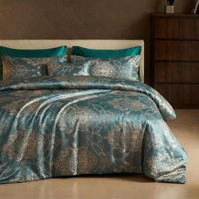 Produktbild von Luxus Bettwäsche-Set - Jacquard-Blumen-Muster - 200x200cm - Schwarzgrün