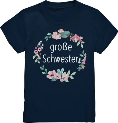 Produktbild von Große Schwester T-Shirt Blumenkranz Große Schwester Geschenk – Navy / 122/128 (7-8)
