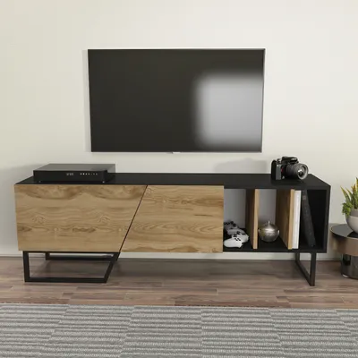Image de Meuble TV Decorotika Linossa avec pieds métalliques, pour téléviseurs jusqu'à 60 pouces | Noir et marron foncé