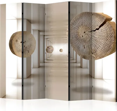 A room divider with a surreal, futuristic forest design.
