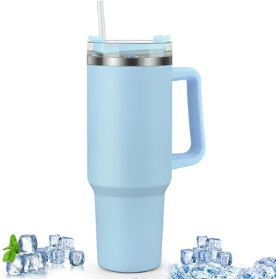 Imagen del producto de Taza aislante al vacío, de doble pared, con capacidad de 1200 ml, con tapa y pajita, de acero inoxidable, ideal para llevar