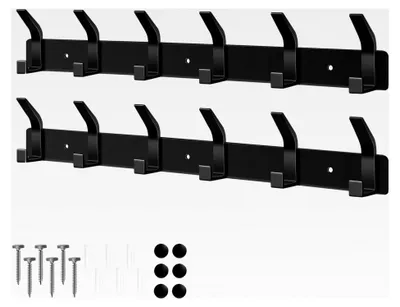 Produktbild von 2 Stück Wandkleiderhaken mit 6 Haken, Garderobenleiste für Schlafzimmer, Bad und Küche, Wandgarderobe für Jacken, Mäntel, Taschen, Hüte und Schals (Schwarz)