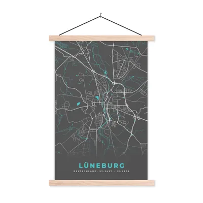 Produktbild von MuchoWow® Textilposter Blau - Deutschland - Karte - Stadtplan - Lüneburg 40x60 cm mit holzfarbenen Rahmen - Poster
