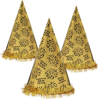 Produktbild von com-four® 3x Silvester Partyhut - Kegelhut "Happy New Year" für Silvester - Kopfbedeckung für Neujahrs-Party