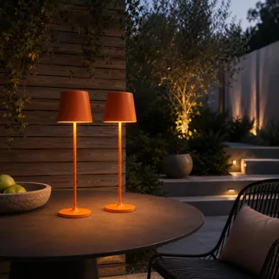 Produktbild von 2er-Set, LED Außen Tischlampe, 37 cm, 310lm, Touchdimmer, USB, orange