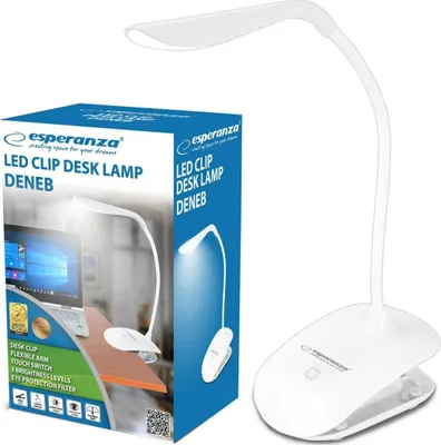 A white LED clip desk lamp and its packaging are shown.